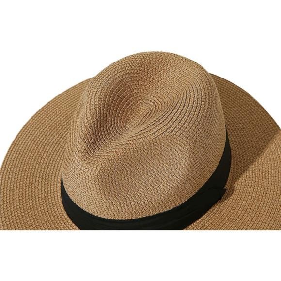 Lanzom Women Wide Brim Straw Panama Roll up Hat Belt Buckle Fedora Beach Sun Hat